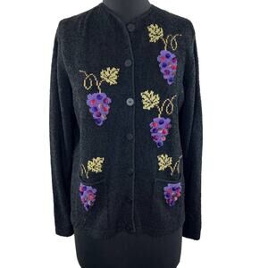 VINTAGE South Cotton Gray Long Sleeve Grape Embroider Button Cardigan Sweater M
